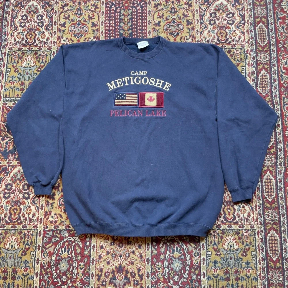 Camp Metigoshe Pelican Lake Sweatshirt Navy Blue USA Canada Flags Mens‎ XL